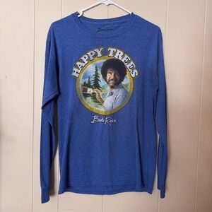 Bob‎ Ross Happy Trees Graphic Long Sleeve T-Shirt Heather Blue Mens Small S